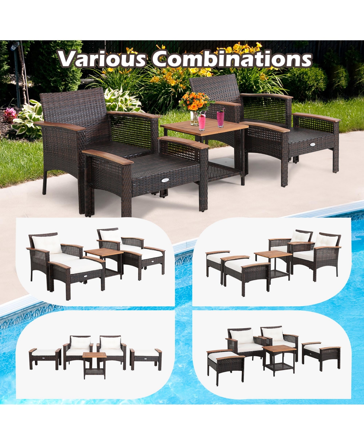 5 Pieces Patio Rattan Furniture Set with Acacia Wood Table
