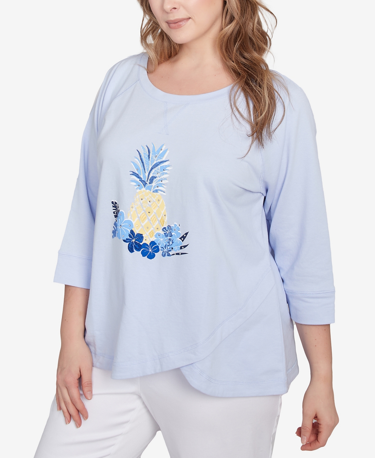 Hearts Of Palm Plus Size Making Waves Pineapple Printed 3/4 Sleeve Top In Light Blue Multi