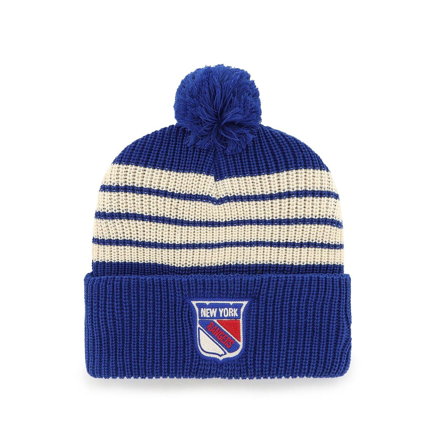 Мужская шапка '47 Brand Blue New York Rangers Old Time Hockey Barn Cuffed Knit Hat with Pom — фото 1