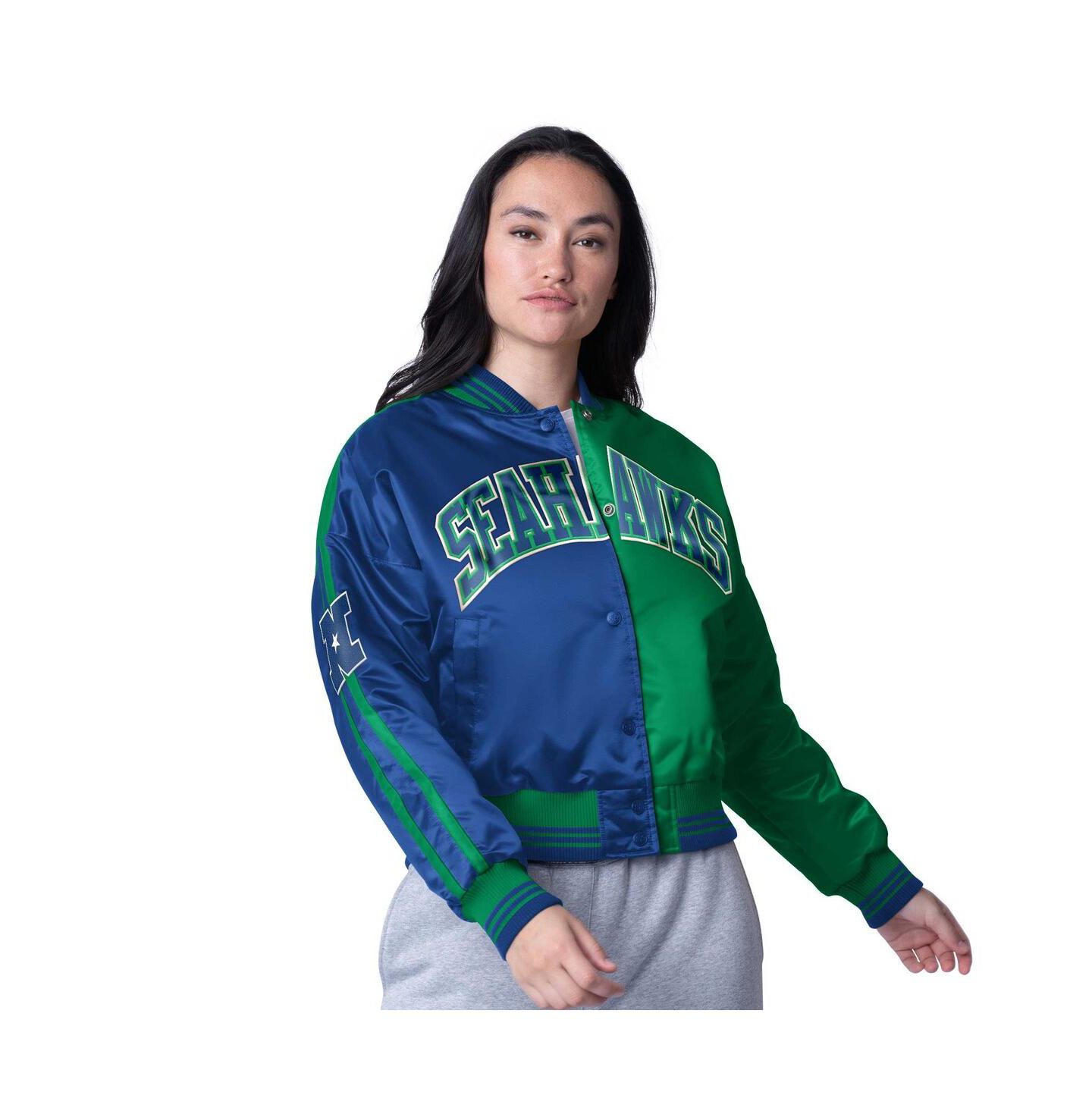 Женская куртка Starter College Navy/Neon Green Seattle Seahawks Zone Blitz Cropped Full-Snap Satin — фото 1