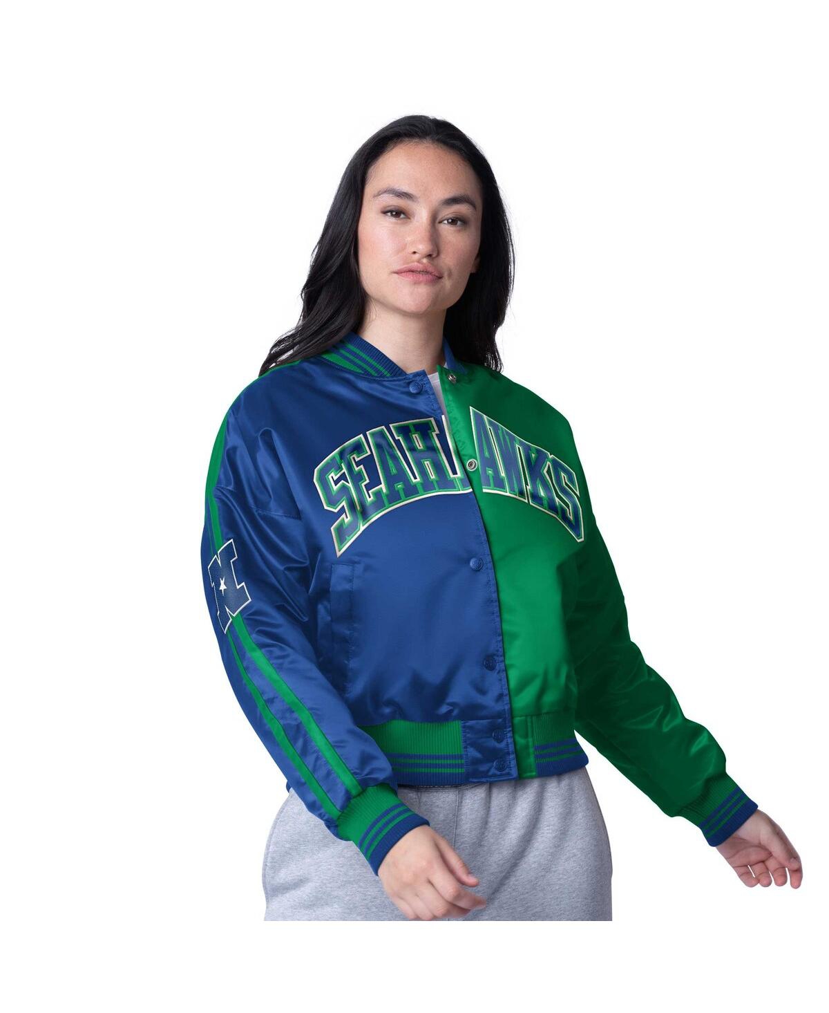 Shop Starter Women's College Navy/neon Green Seattle Seahawks Zone Blitz Cropped Full-snap Satin Jacket In College Navy,neon Green