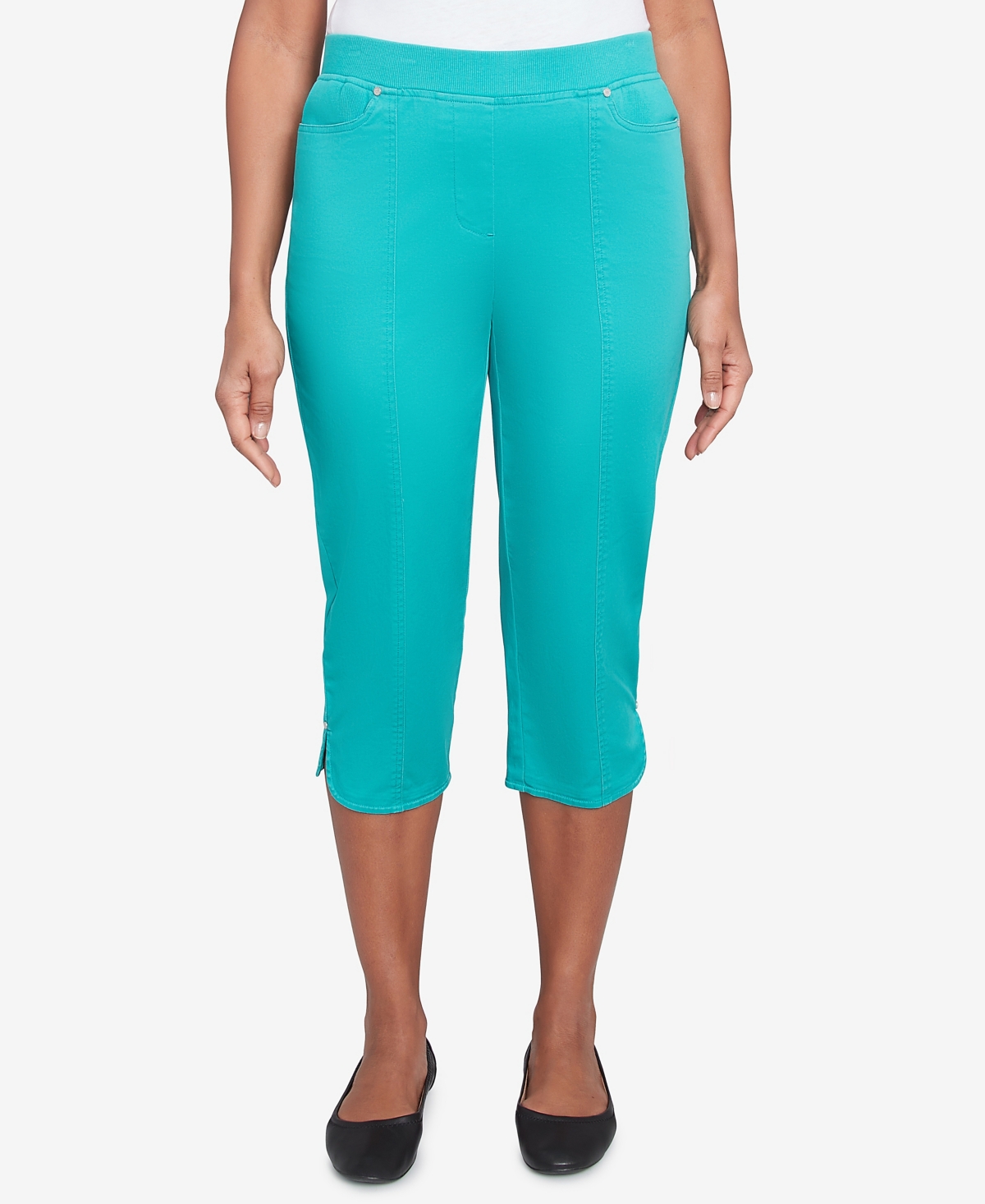 Alfred Dunner Plus Size Parrot Cay Novelty Cuff Tummy Control Capris Pants In Jade