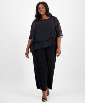 SL Fashions - Plus Size Tier-Cape Embellished Jumpsuit