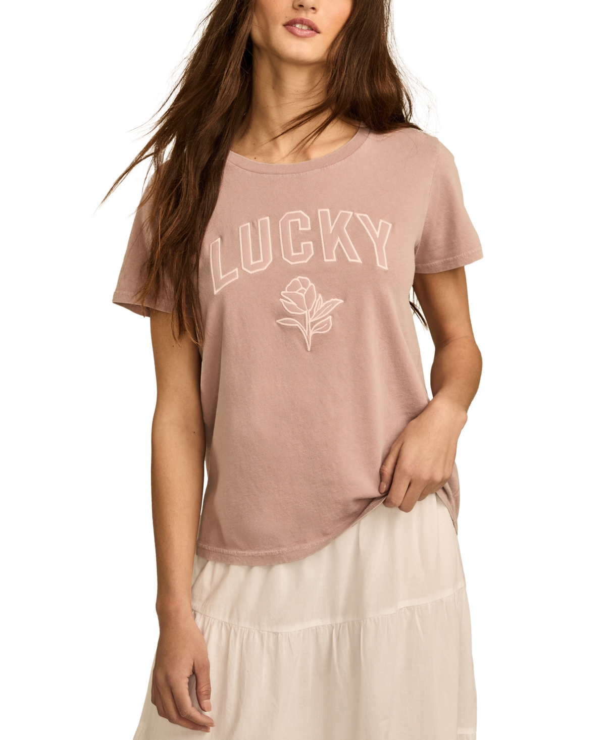 Lucky Brand Women's Cotton Lucky Tonal Applique Classic Crew T-Shirt