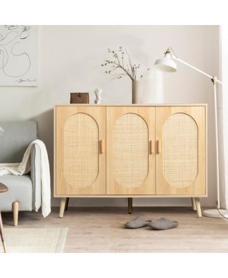 Modern Rattan Shoe Storage Cabinet with 3 Doors and Adjustable Shelves