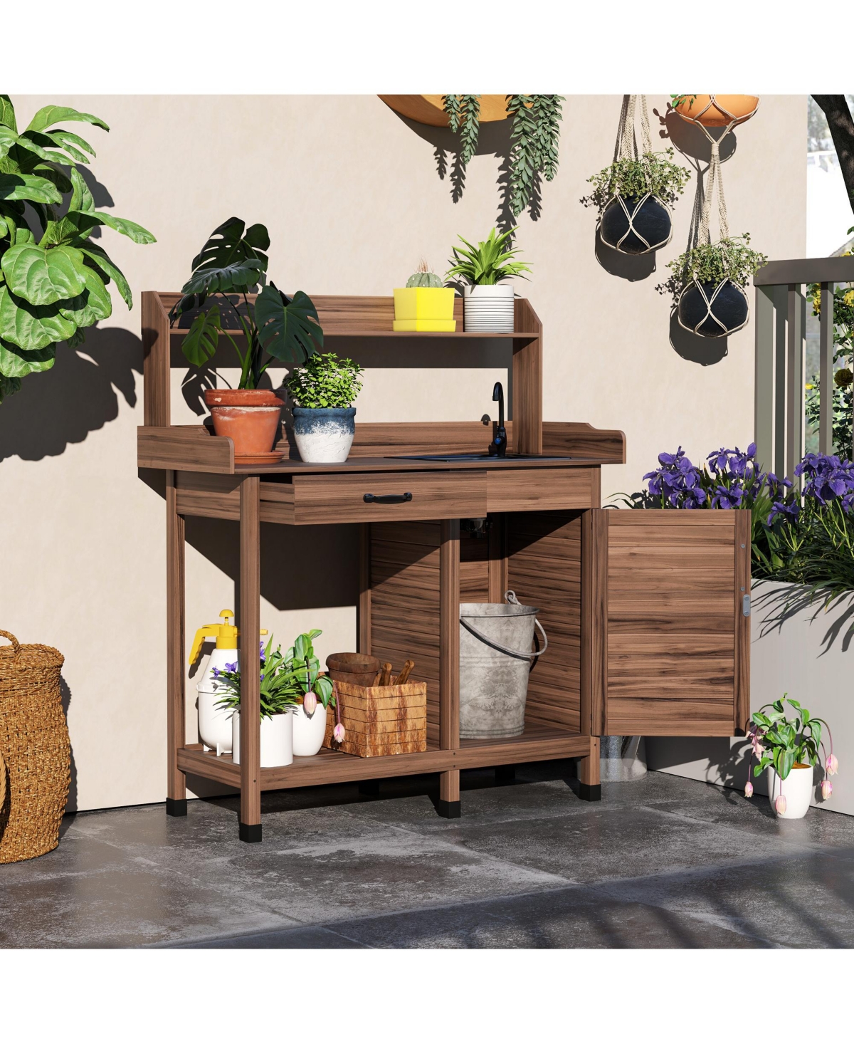 Potting Bench Prep Table w/Faucet, Sink and Storage, - Brown