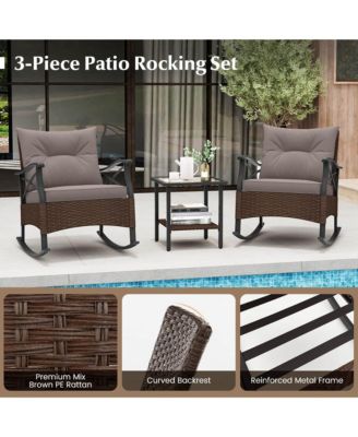 3 PCS Patio Rocker Set with 2-Tier Coffee Table & Soft Seat Back Cushions Outdoor