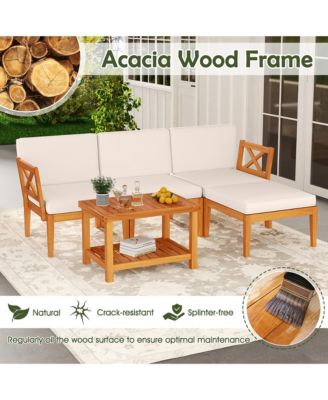 5 PCS Acacia Wood Patio Furniture Set w/ 2-Tier Coffee Table and Cushions