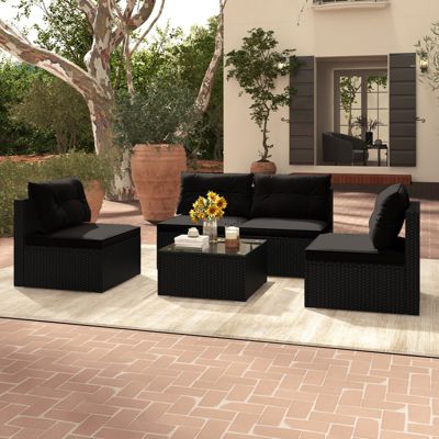 5 PCS Patio Furniture Set w/ Seat & Back Cushions Tempered Glass Tabletop