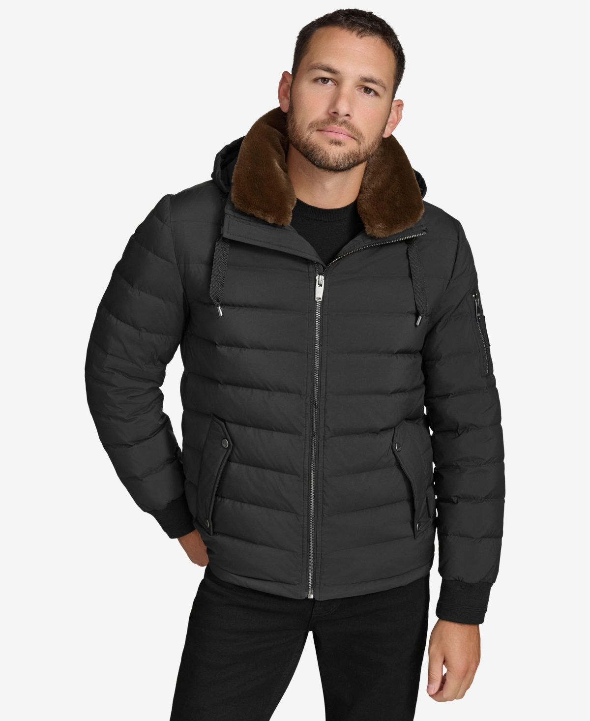 Men's Loxton Down Coat with Removable Faux Rabbit Collar - Black