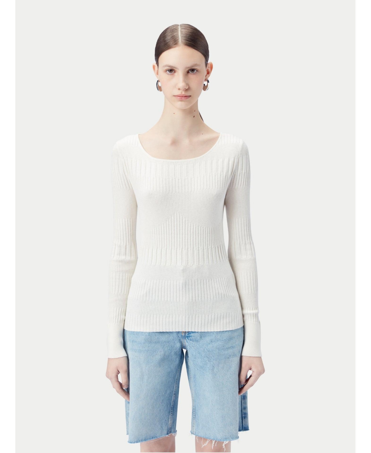 Women's Ribbed Cotton Silk Cashmere Blend Sweater - Whisper white