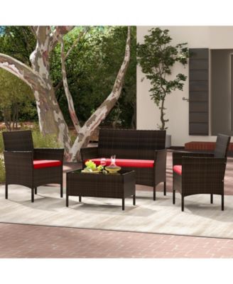 4 Piece Outdoor Rattan Furniture Set with Glass Coffee Table