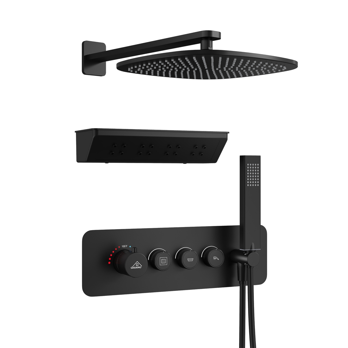 12 Inch Wall Mounted Thermostatic Shower System with Handheld Sprayer Rainfall Shower System with Neck/Back Massage Spout Shampoo Shelf - Matte black