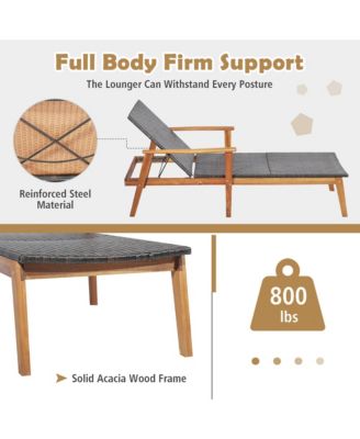 2PCS Patio Rattan Chaise Lounge Chair Recliner Back Adjustable Acacia Wood