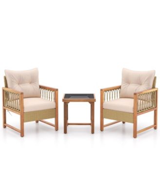 3 Pieces Patio Furniture Set with Acacia Wood Frame Cushions