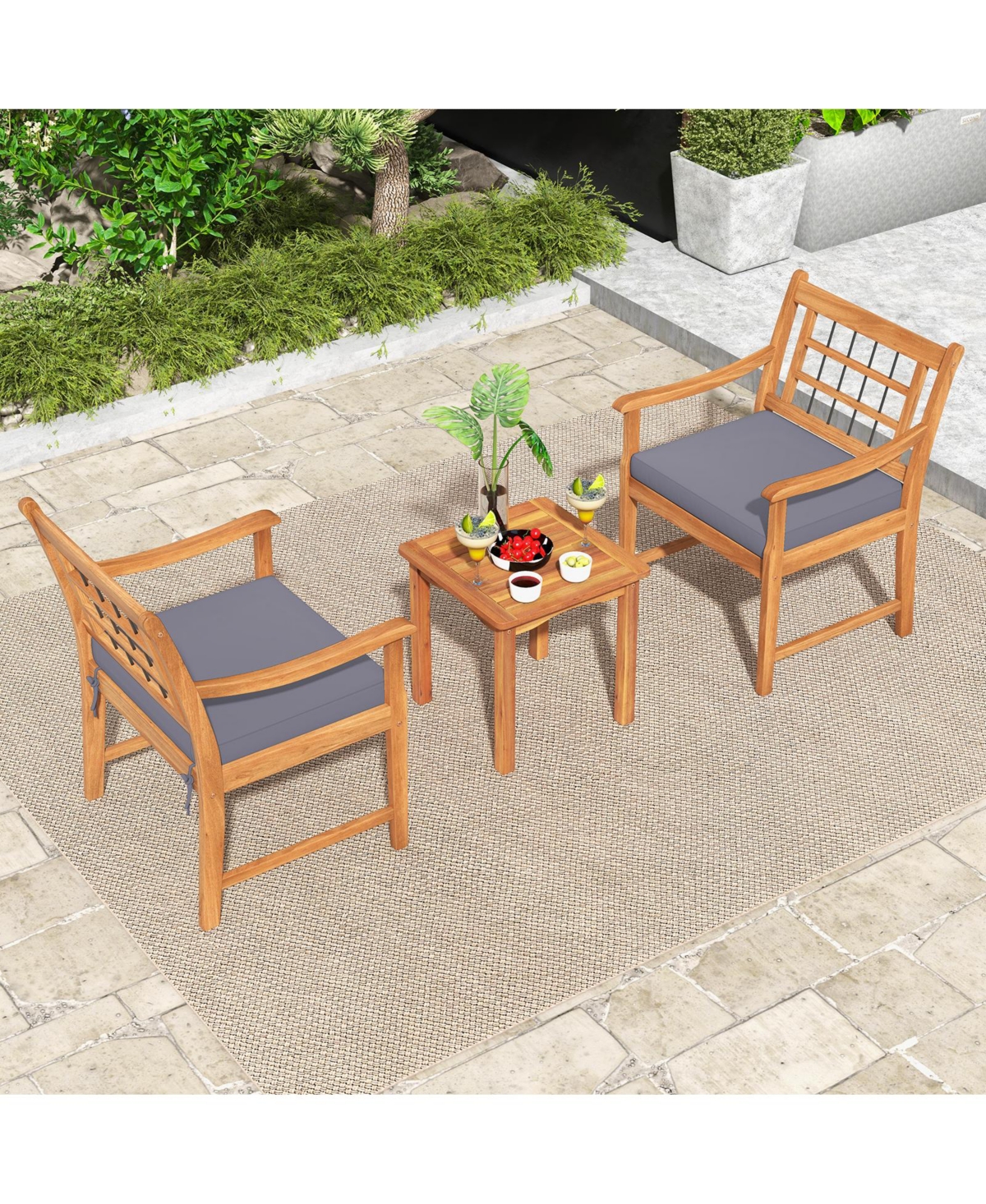3 Piece Wood Patio Furniture Set with Seat Cushions and Acacia Frame
