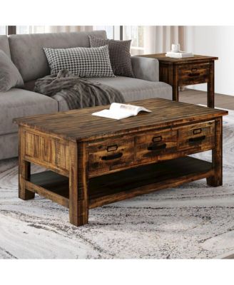 1Pc 48" Distressed Medium Brown Finish, 3 Drawers, Castered Base Industrial Coffee Table