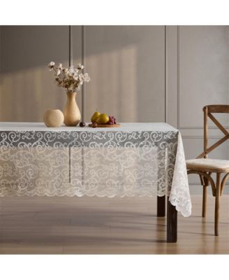 Scroll Lace Fabric Tablecloth, Lace Fabric Table Cloth for Rectangle Tables, Wrinkle Resistant Tablecloth, Patterned Scalloped Tablecloth (60 W x 104 L, Linen Taupe)
