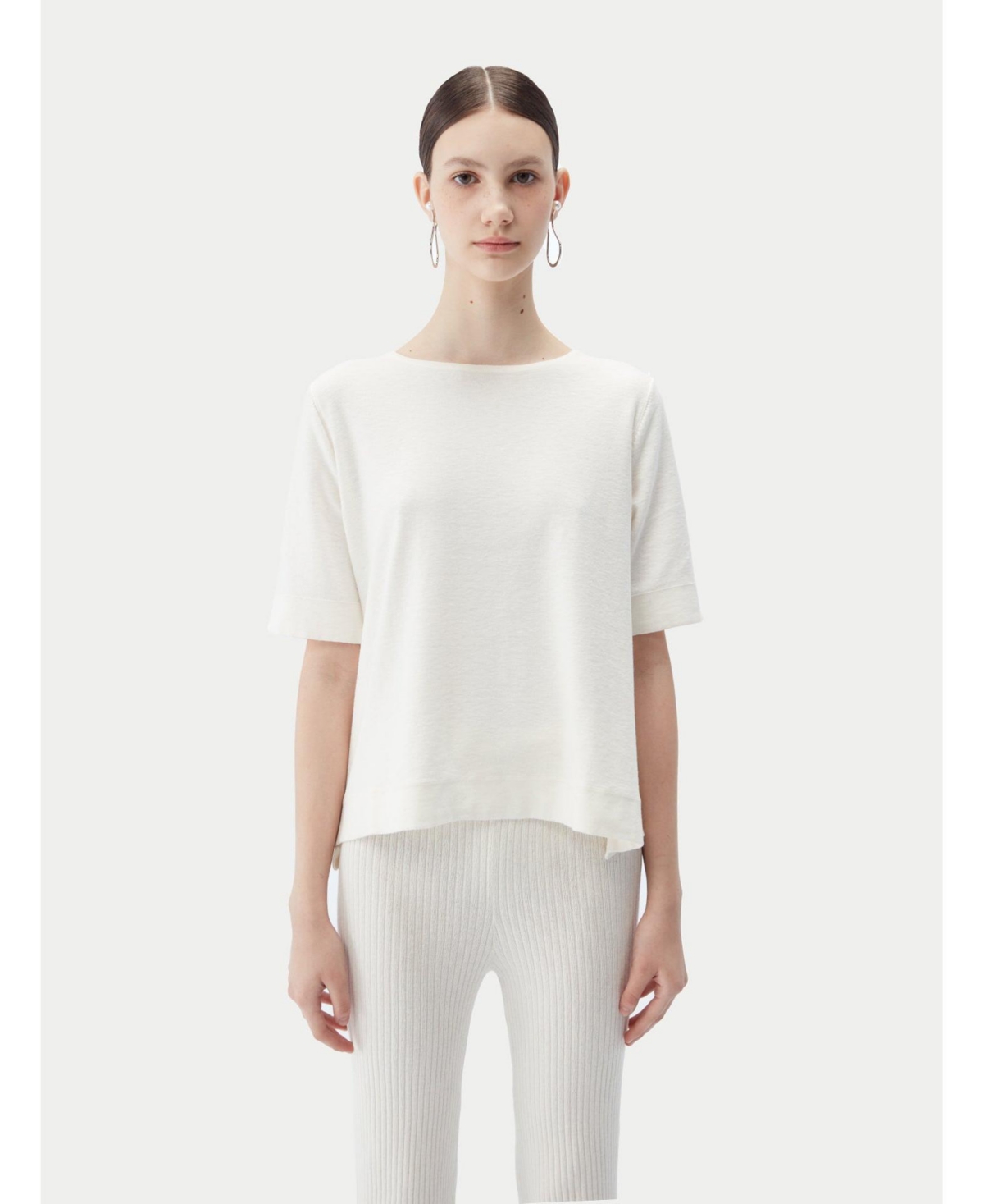 Women's Box-Cut Cotton Silk Cashmere Blend T-Shirt - White-snow white