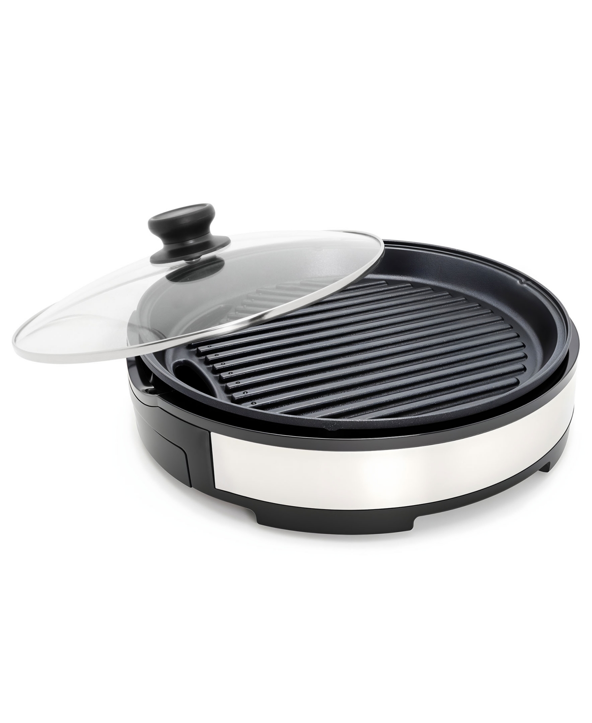 Elite Cuisine 12-inch Stainless Steel Deluxe Indoor Grill With Tempered Glass Lid In Black,stainless Steel