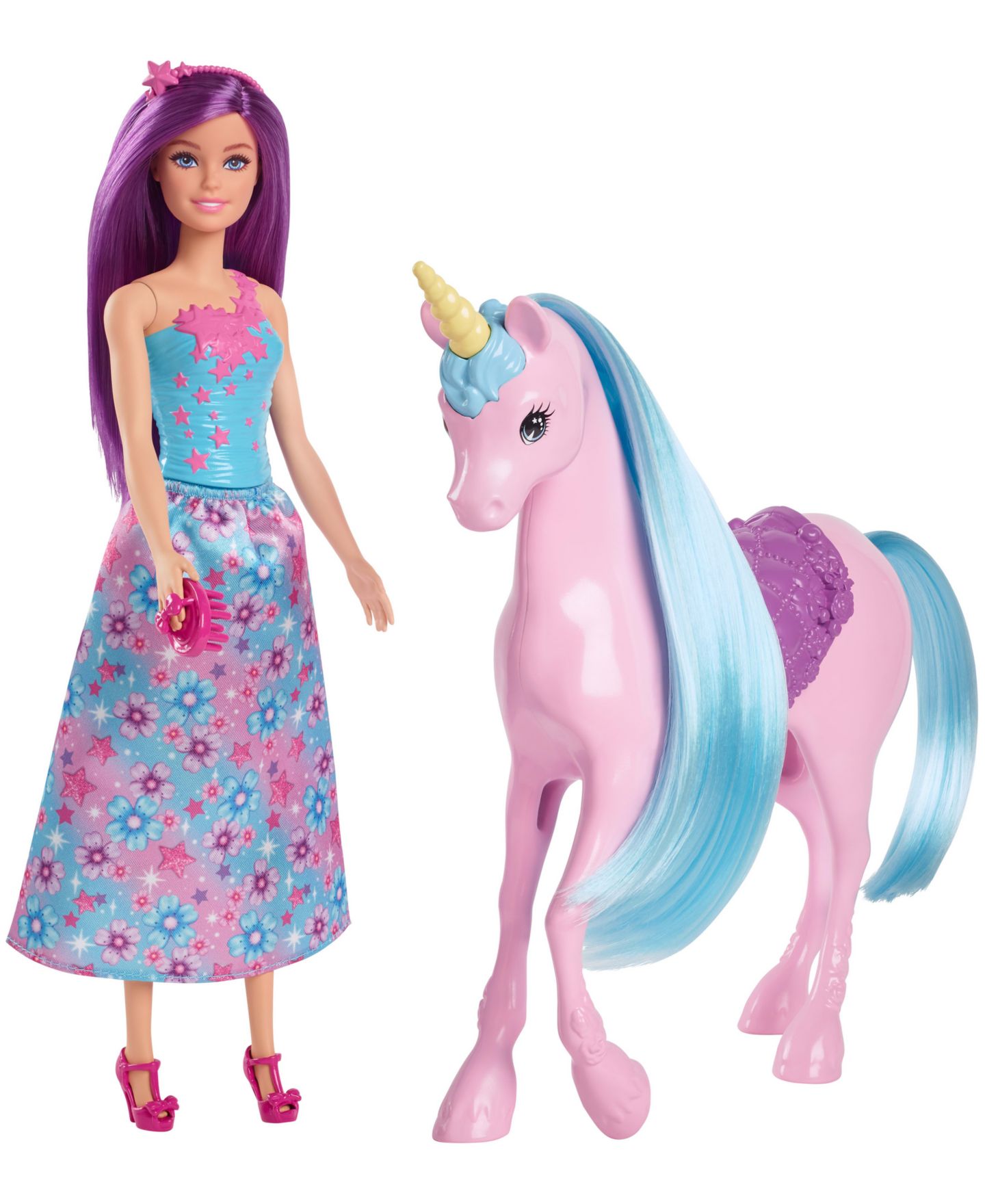 Игровой набор Barbie: фэнтези-кукла и единорог с седлом, щёткой и аксессуарами — фото 1