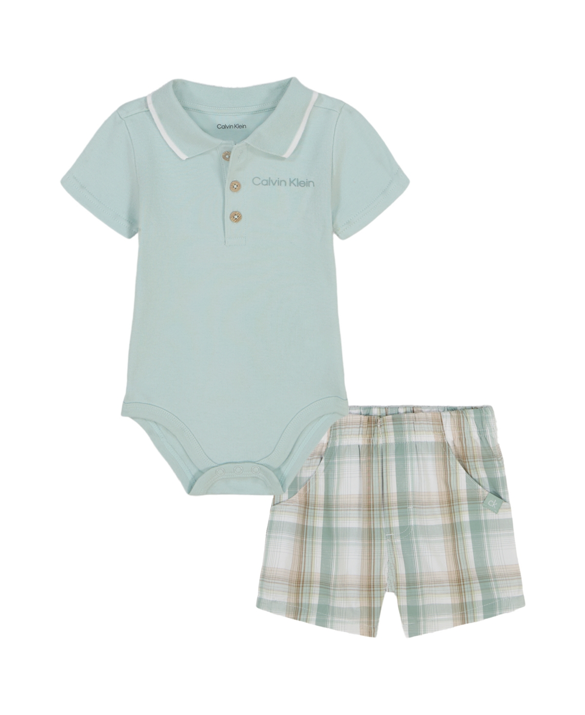 Shop Calvin Klein Baby Boys 2-piece Interlock Polo Bodysuit Poplin Plaid Shorts Set In Harbor Gray,plaid