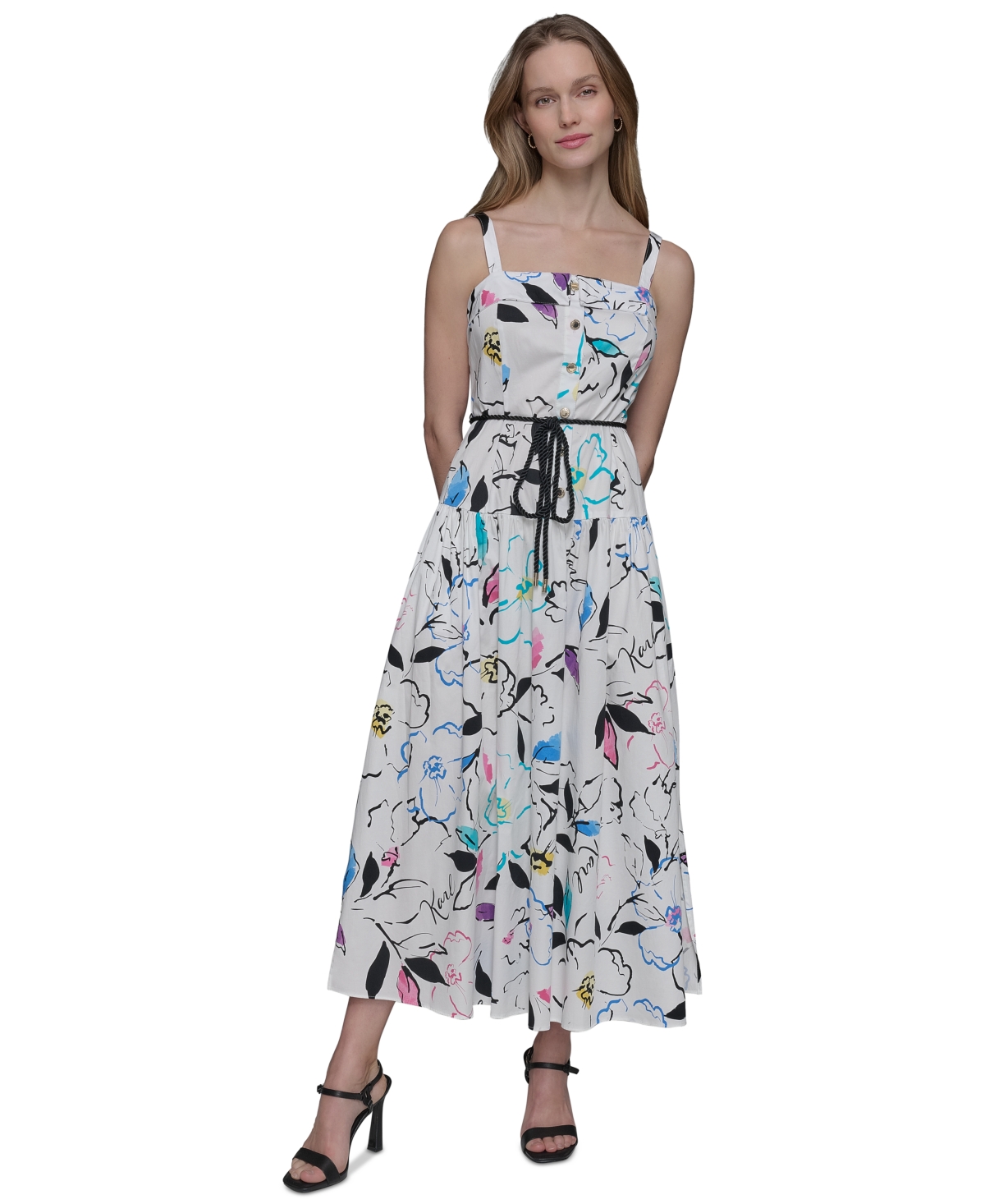 Karl Lagerfeld Women's Printed Square-neck Midi Dress In Sft Wht Mu