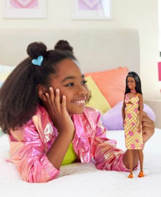 Fashionistas Doll 233 in Checkered Flower Midi Dress, Black Hair