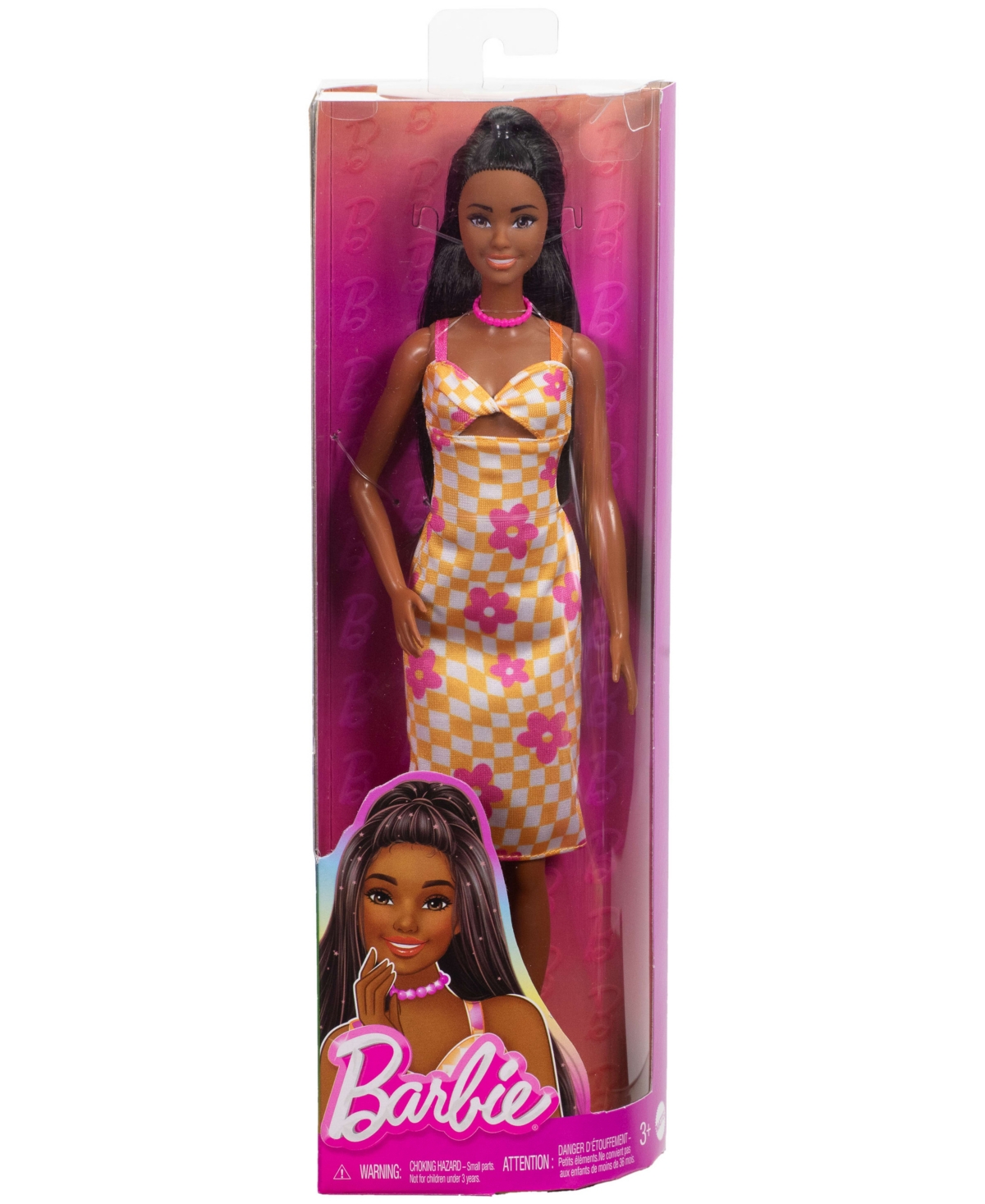 Shop Barbie Fashionistas Doll 233 In Checkered Flower Midi Dress, Black Hair In Multi-color