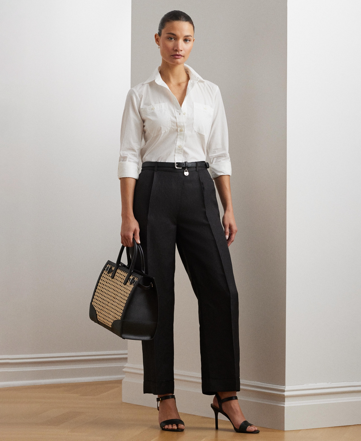 Women's Linen-Blend Twill Wide-Leg Pants - Black