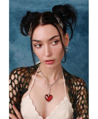 Steel Chain Necklace With Acrylic Red Heart Charm 16"