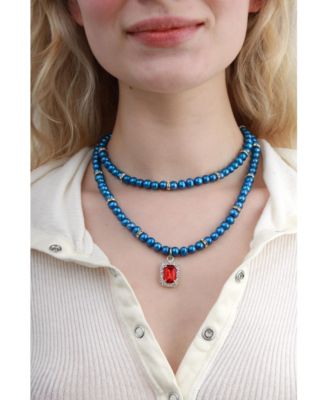 Freshwater Blue Pearl Double Necklace With Red Rectangle Charm
