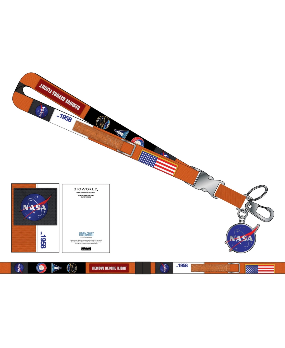 Orange Suit Up Nasa Lanyard with Nasa Logo Keychain - Orange