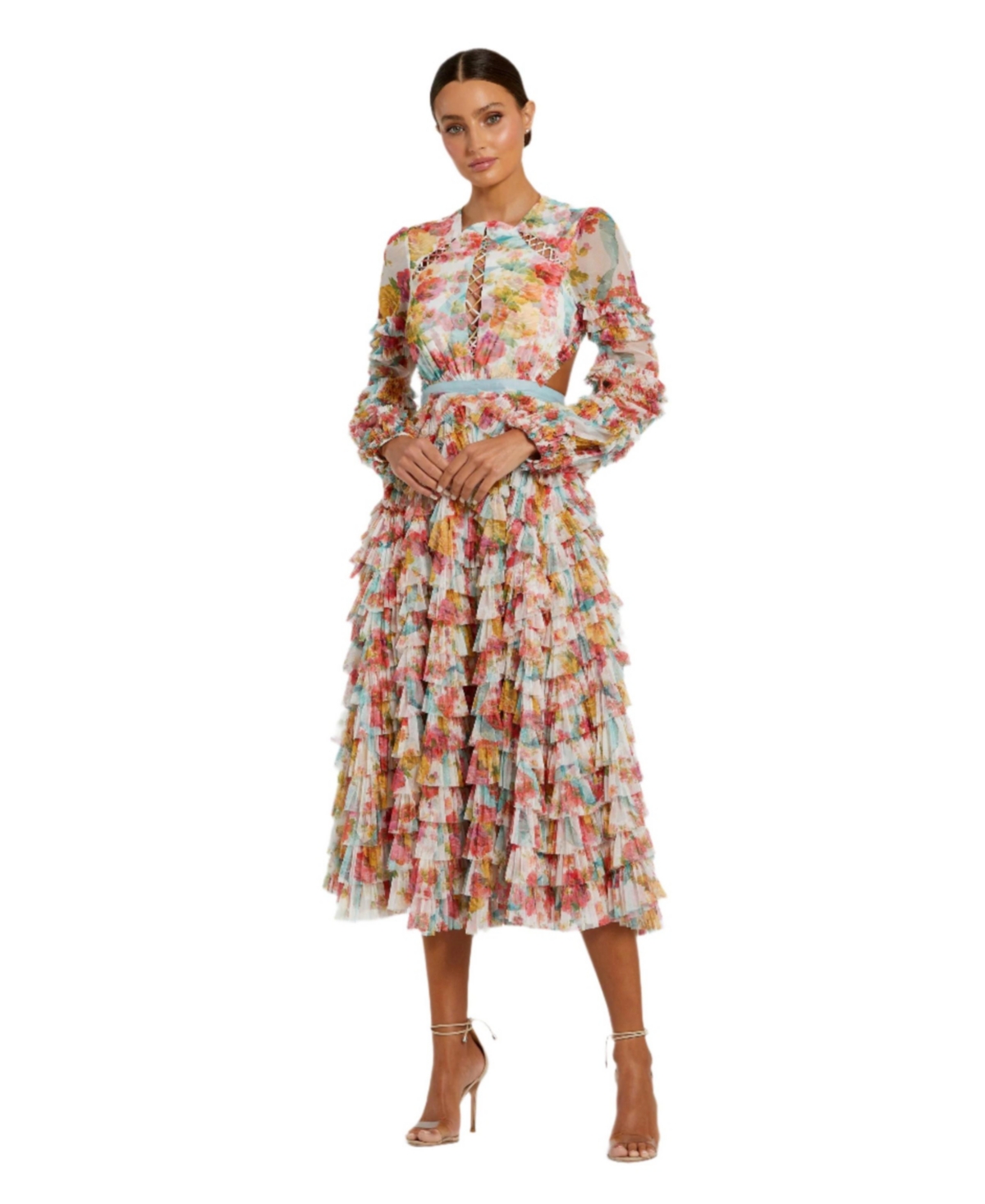 Mac Duggal Women's Long Sleeve Tiered Ruffle Cutout Criss Cross Dress - White multi
