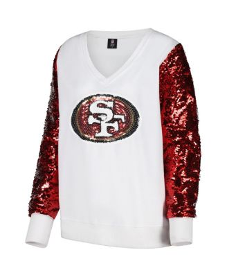 Women's White/Red San Francisco 49ers Sequin Sleeve V-Neck Pullover Sweatshirt