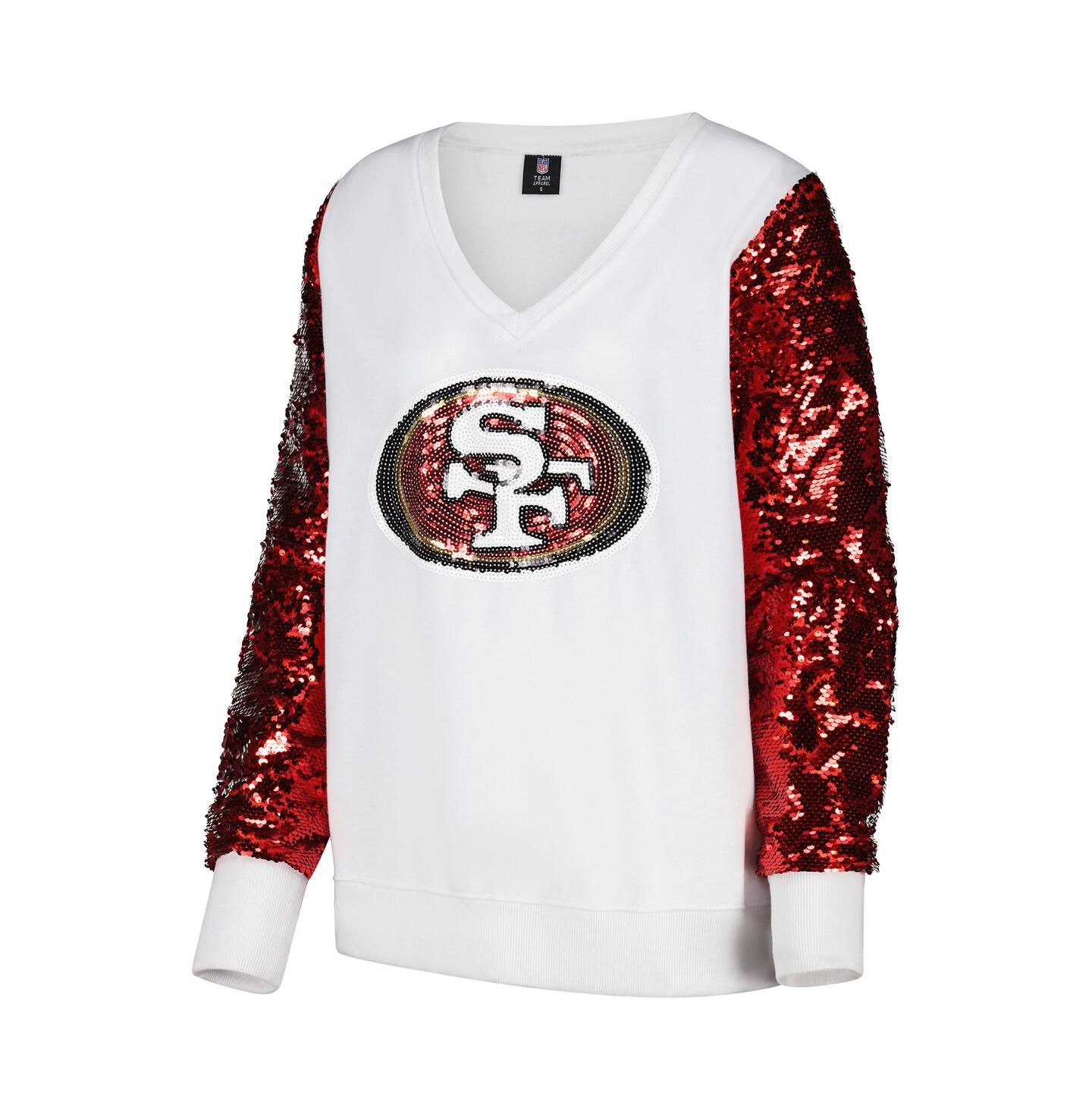 Женский свитшот Cuce White/Red San Francisco 49ers Sequin Sleeve V-Neck Pullover — фото 2