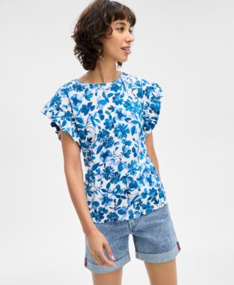 Nautica Jeans - Women's Floral-Print Ruffle-Sleeve Top