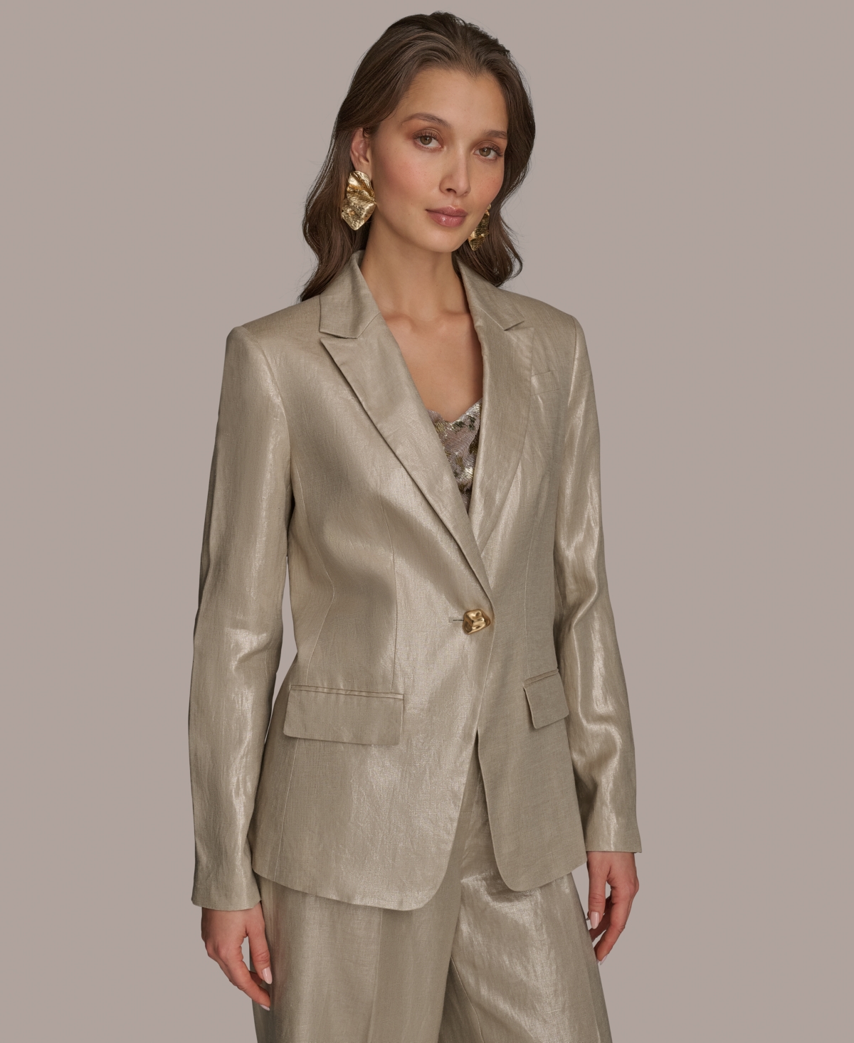 Women's Metallic Linen One-Button Blazer - Cobblestone/gold