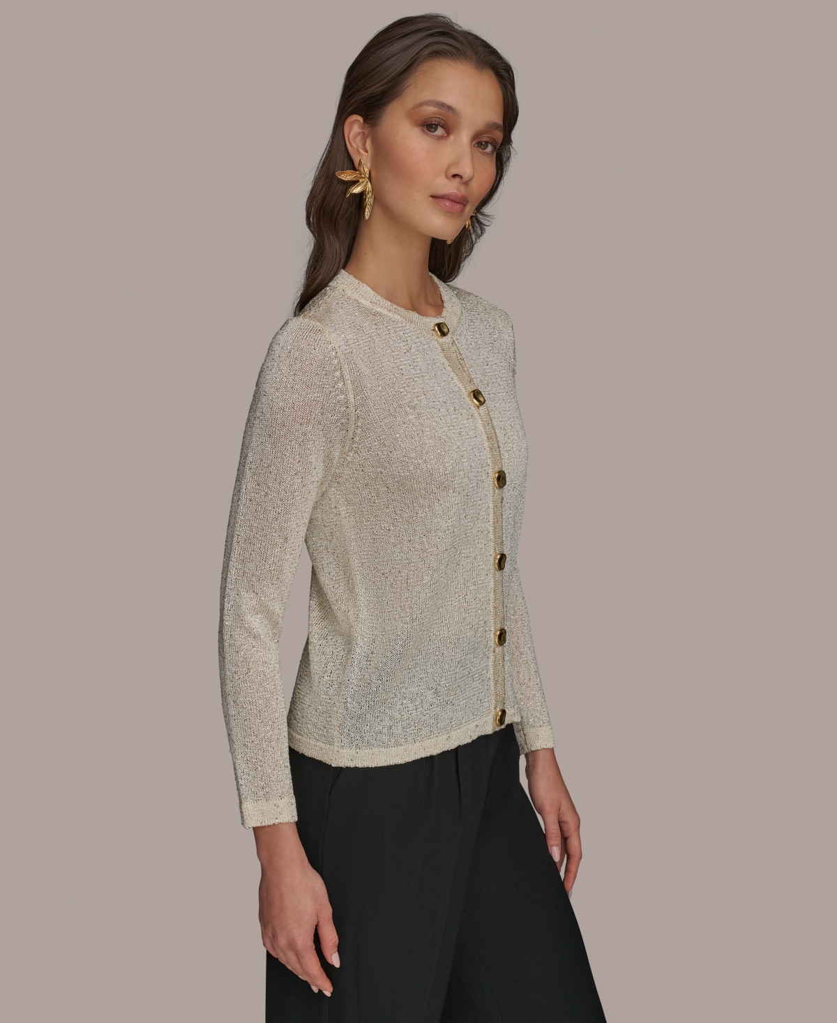 Shop Donna Karan Women's Metallic Cardigan In Cream,gold