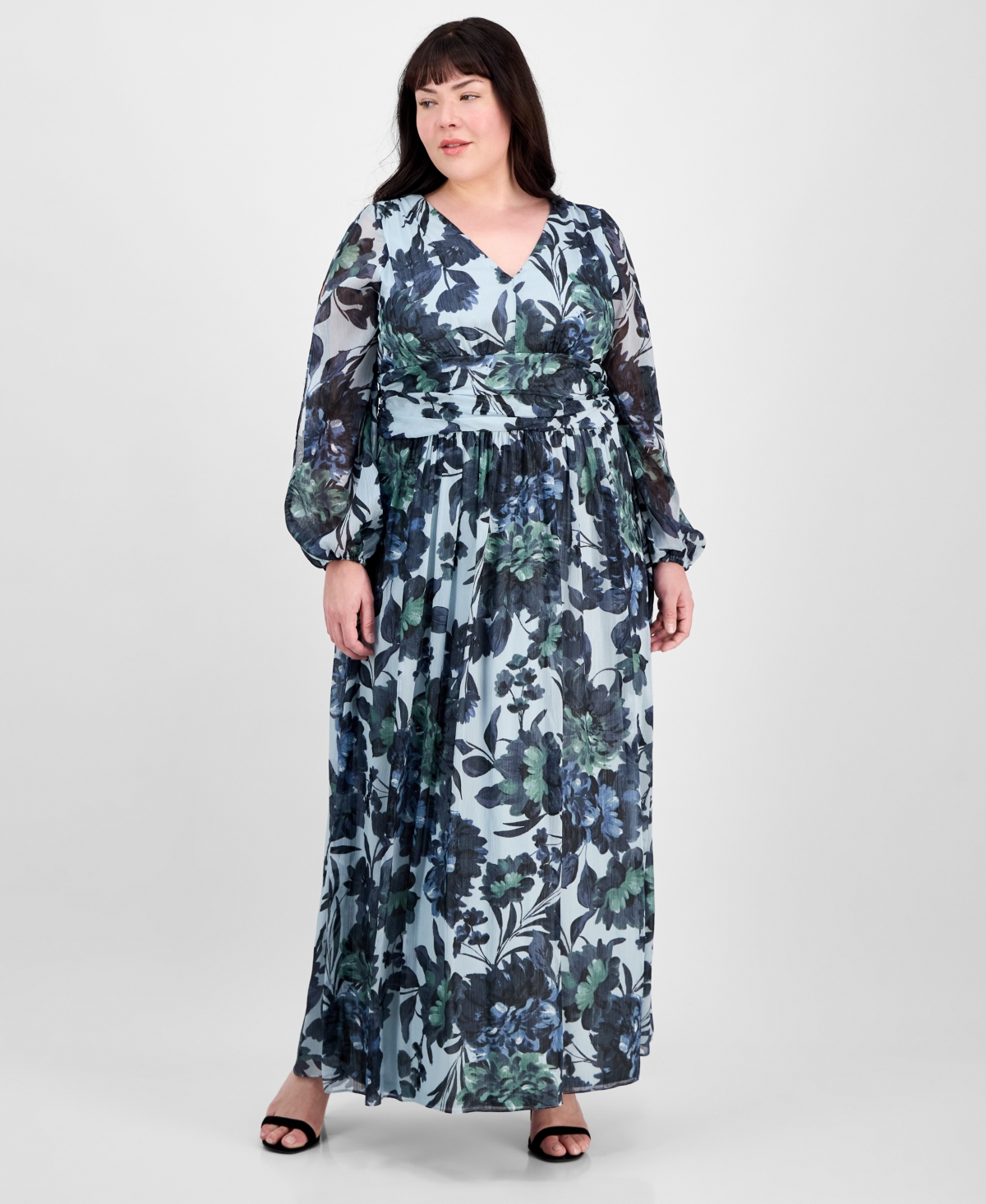 Plus Size Floral-Print Blouson-Sleeve Gown - Black Multi