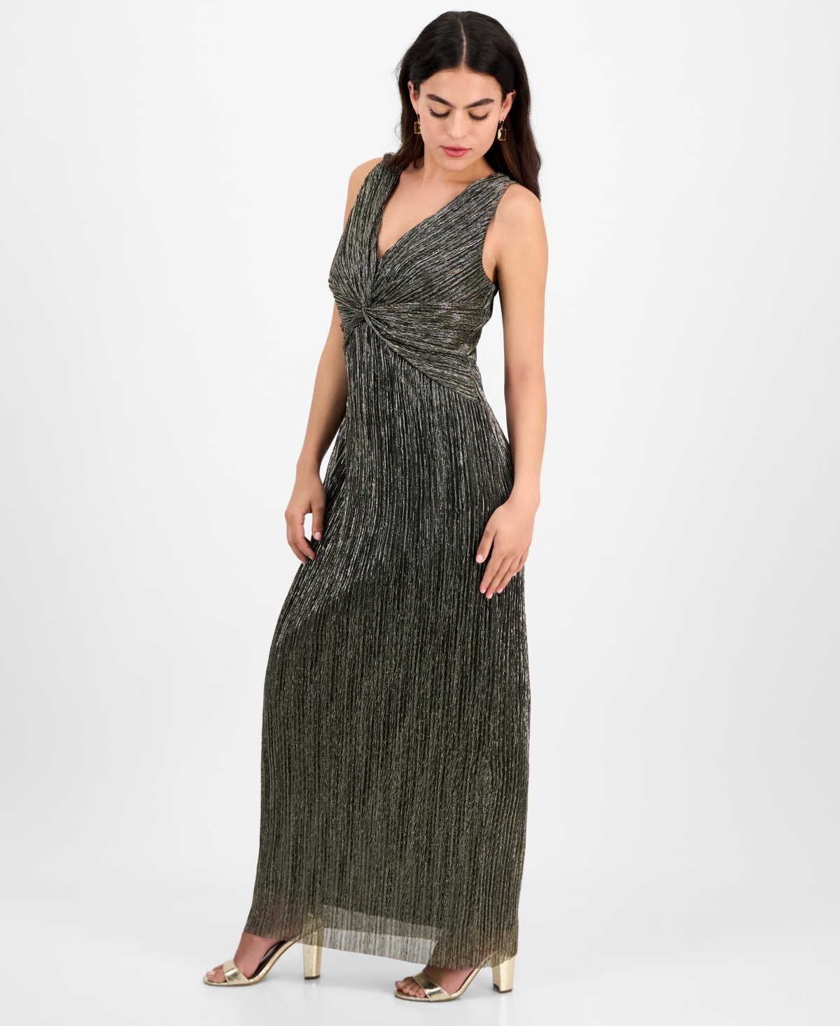 Connected Petite Metallic V-neck Twist-front Gown In Gold