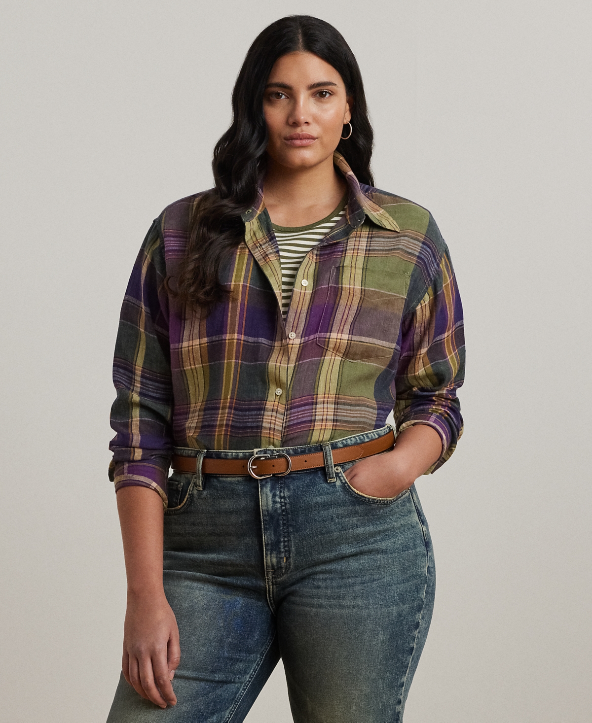 Ralph Lauren Plus Size Relaxed-fit Plaid Linen Shirt In Purple,green Multi