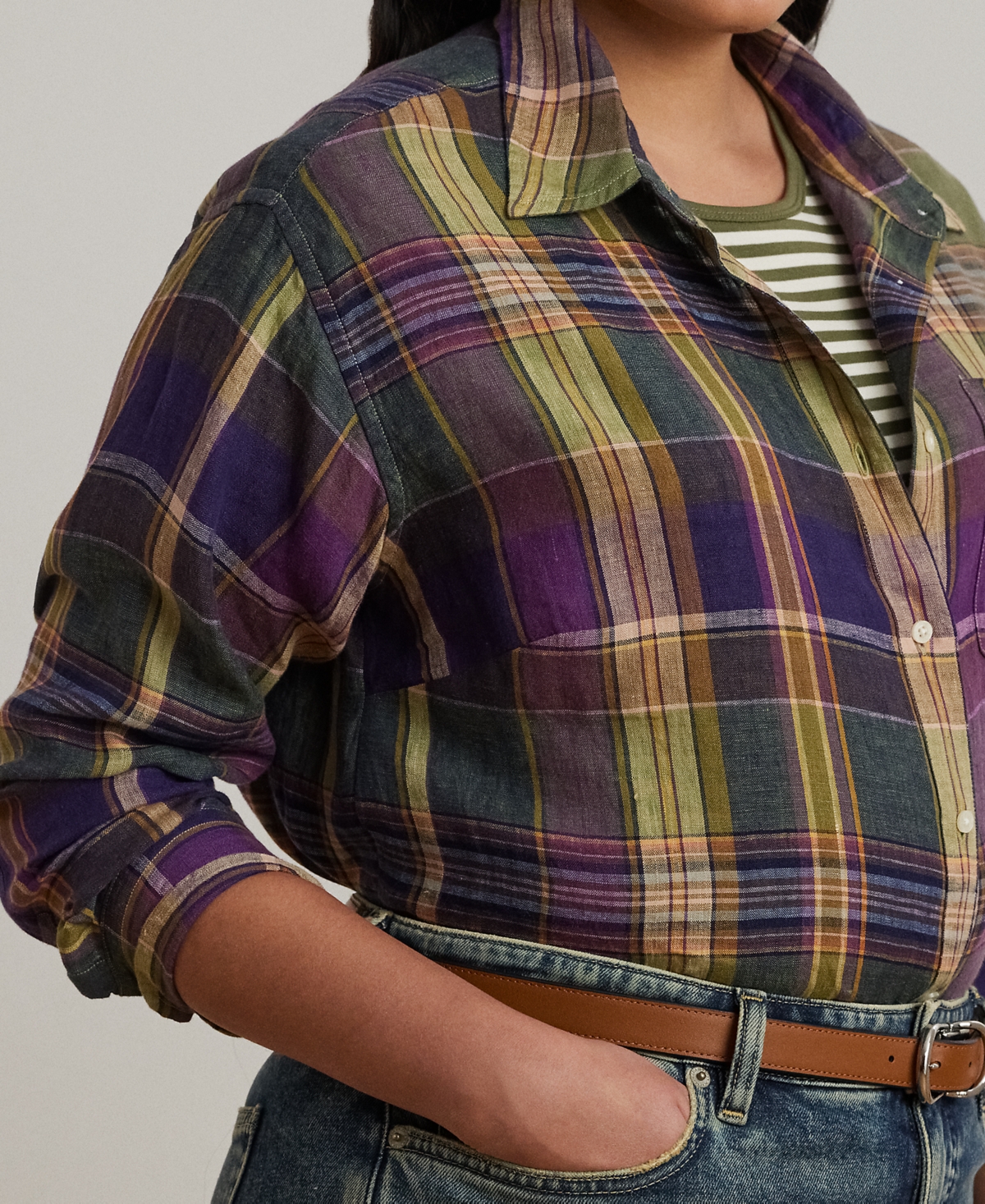 Ralph Lauren Plus Size Relaxed-fit Plaid Linen Shirt In Purple,green Multi