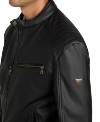 Men's Stretch Faux Leather Snap Collar Moto Jacket
