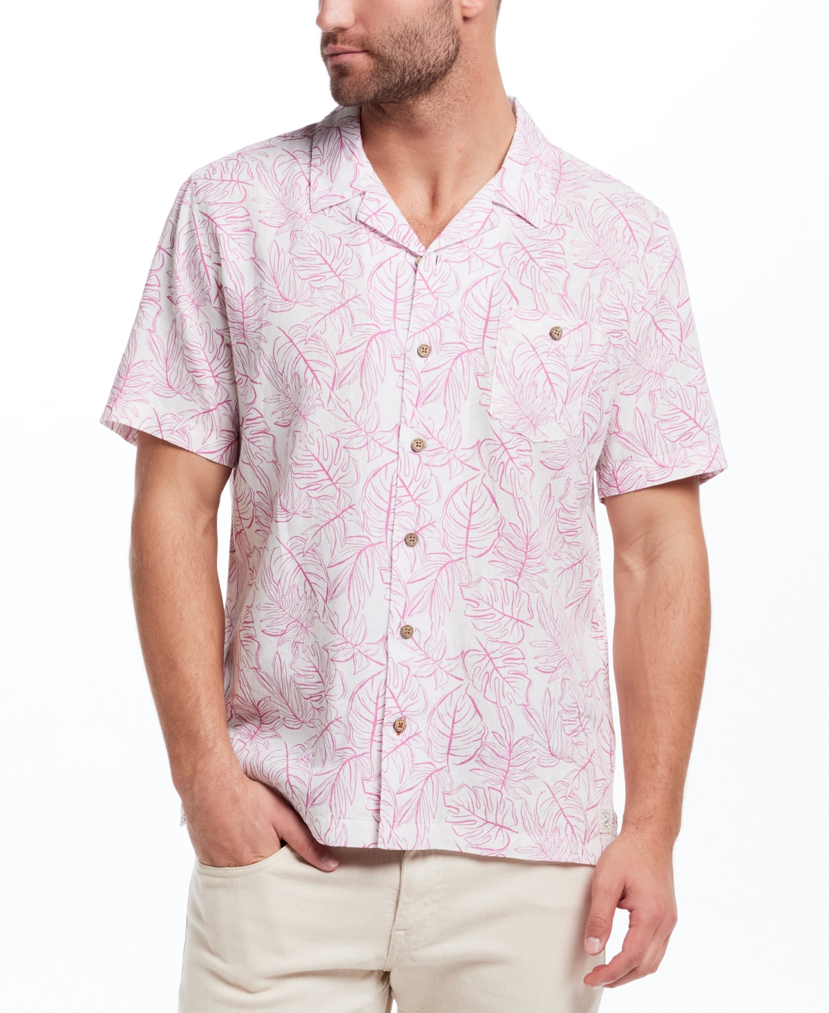 Men's Regular-Fit Palm Frond-Print Button-Down Camp Shirt - Sugar Almond