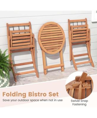 3 PCS Acacia Wood Patio Bistro Set Folding Outdoor Table and Chairs with Cushions