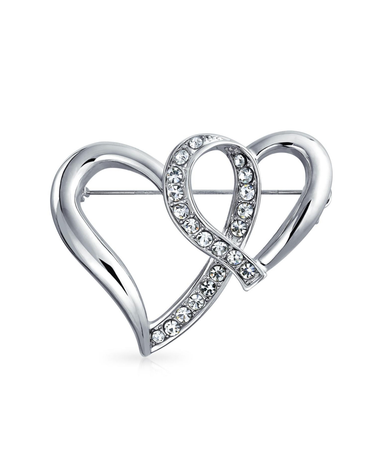 Romantic Crystal Brooch Pin - Double Heart Silver Statement - Clear