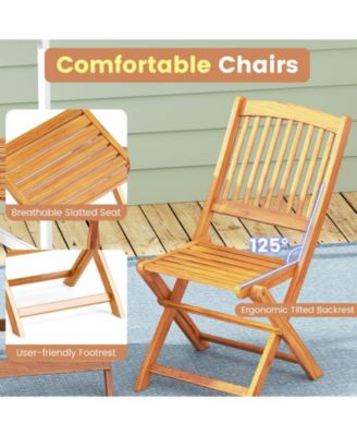 3 PCS Acacia Wood Patio Bistro Set Folding Table & Chairs Set with Cushions