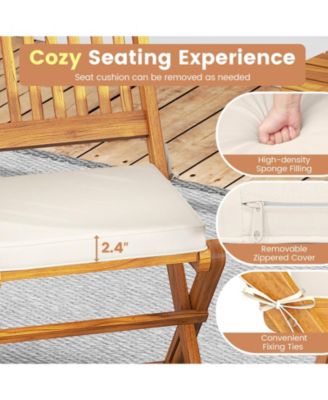 3 PCS Acacia Wood Patio Bistro Set Folding Table & Chairs Set with Cushions