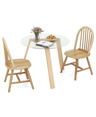 3 PCS Dining Set for 2 Round Table with 2 Chairs Solid Rubber Wood Frame Modern